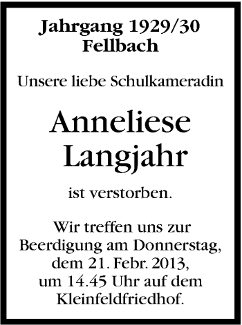 Traueranzeige von Anneliese Langjahr von Stuttgarter Zeitung / Stuttgarter Nachrichten