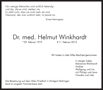 Traueranzeige von Helmut Winkhardt von Stuttgarter Zeitung / Stuttgarter Nachrichten
