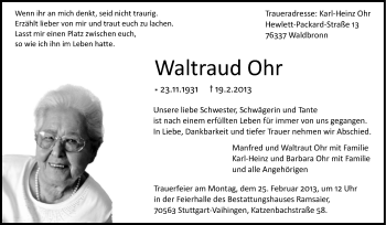 Traueranzeige von Waltraud Ohr von Stuttgarter Zeitung / Stuttgarter Nachrichten