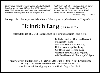 Traueranzeige von Heinrich Lang von Stuttgarter Zeitung / Stuttgarter Nachrichten