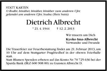 Traueranzeige von Dietrich Albrecht von Stuttgarter Zeitung / Stuttgarter Nachrichten