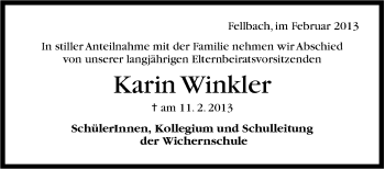 Traueranzeige von Karin Winkler von Stuttgarter Zeitung / Stuttgarter Nachrichten