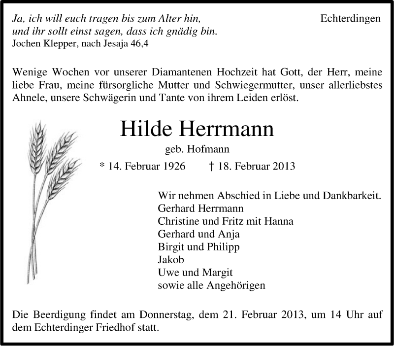  Traueranzeige für Hilde Herrmann vom 20.02.2013 aus Stuttgarter Zeitung / Stuttgarter Nachrichten