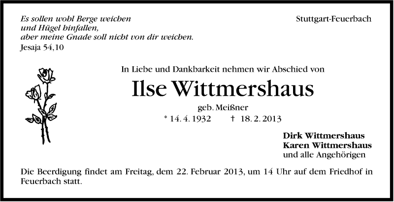  Traueranzeige für Ilse Wittmershaus vom 20.02.2013 aus Stuttgarter Zeitung / Stuttgarter Nachrichten