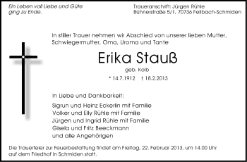 Traueranzeige von Erika Stauß von Stuttgarter Zeitung / Stuttgarter Nachrichten