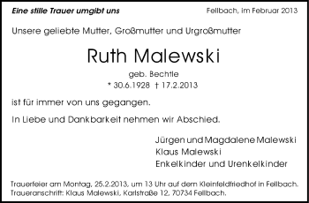 Traueranzeige von Ruth Malewski von Stuttgarter Zeitung / Stuttgarter Nachrichten