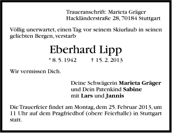 Traueranzeige von Eberhard Lipp von Stuttgarter Zeitung / Stuttgarter Nachrichten