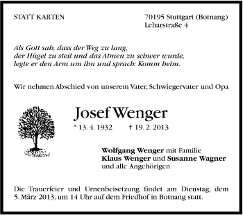 Traueranzeige von Josef Wenger von Stuttgarter Zeitung / Stuttgarter Nachrichten