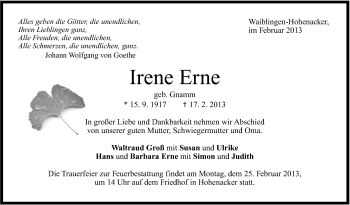 Traueranzeige von Irene Erne von Stuttgarter Zeitung / Stuttgarter Nachrichten
