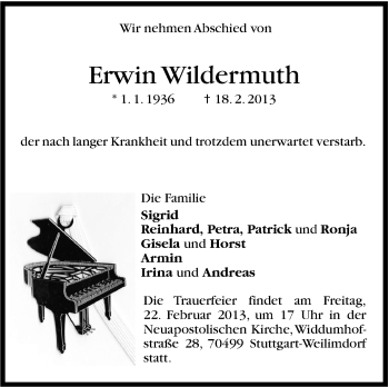 Traueranzeige von Erwin Wildermuth von Stuttgarter Zeitung / Stuttgarter Nachrichten