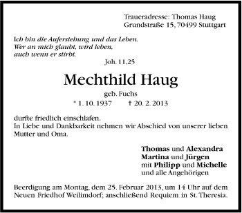 Traueranzeige von Mechthild Haug von Stuttgarter Zeitung / Stuttgarter Nachrichten