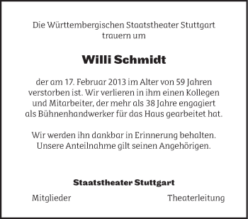 Traueranzeige von Willi Schmidt von Stuttgarter Zeitung / Stuttgarter Nachrichten