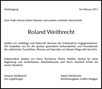 Traueranzeige von Roland Weitbrecht von Stuttgarter Zeitung / Stuttgarter Nachrichten