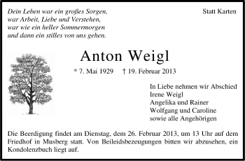 Traueranzeige von Anton Weigl von Stuttgarter Zeitung / Stuttgarter Nachrichten