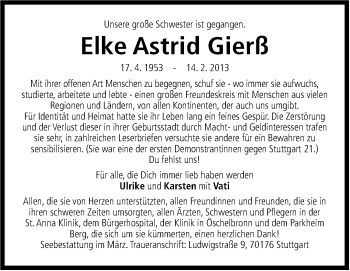 Traueranzeige von Elke Astrid Gierß von Stuttgarter Zeitung / Stuttgarter Nachrichten