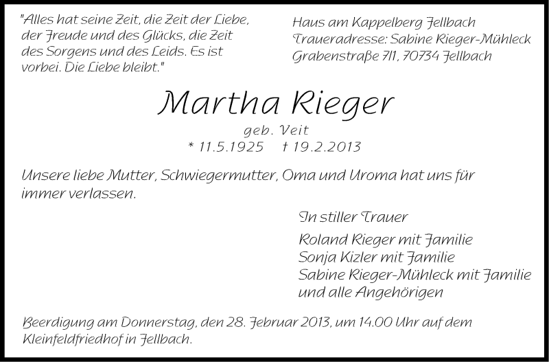  Traueranzeige für Martha Rieger vom 23.02.2013 aus Stuttgarter Zeitung / Stuttgarter Nachrichten
