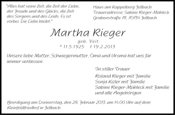 Traueranzeige von Martha Rieger von Stuttgarter Zeitung / Stuttgarter Nachrichten