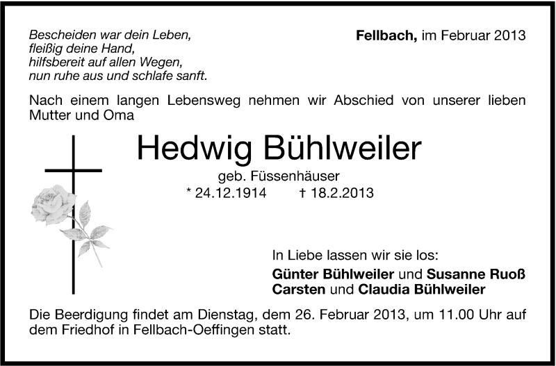  Traueranzeige für Hedwig Bühlweiler vom 22.02.2013 aus Stuttgarter Zeitung / Stuttgarter Nachrichten