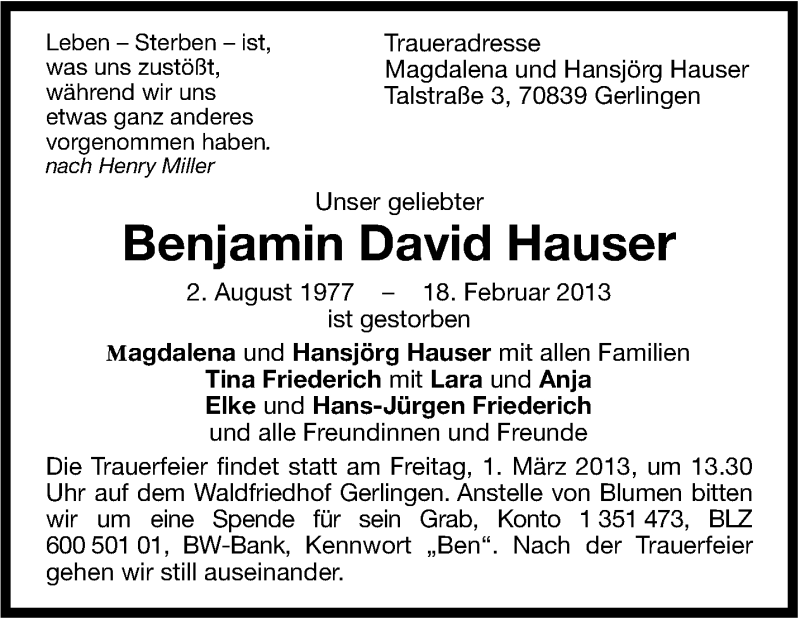  Traueranzeige für Benjamin David Hauser vom 22.02.2013 aus Stuttgarter Zeitung / Stuttgarter Nachrichten