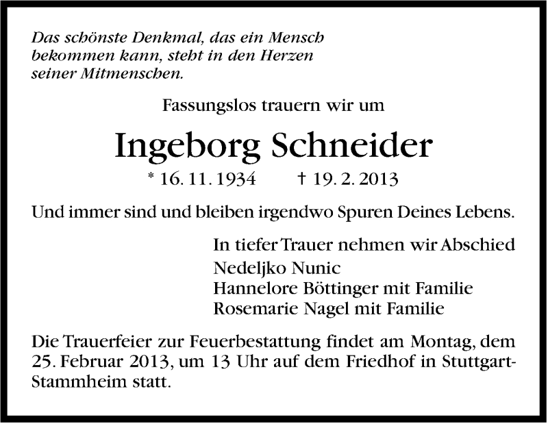  Traueranzeige für Ingeborg Schneider vom 22.02.2013 aus Stuttgarter Zeitung / Stuttgarter Nachrichten
