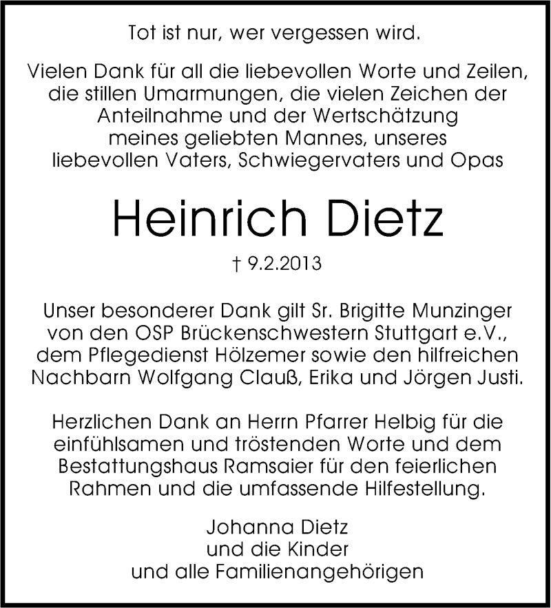  Traueranzeige für Heinrich Dietz vom 25.02.2013 aus Stuttgarter Zeitung / Stuttgarter Nachrichten