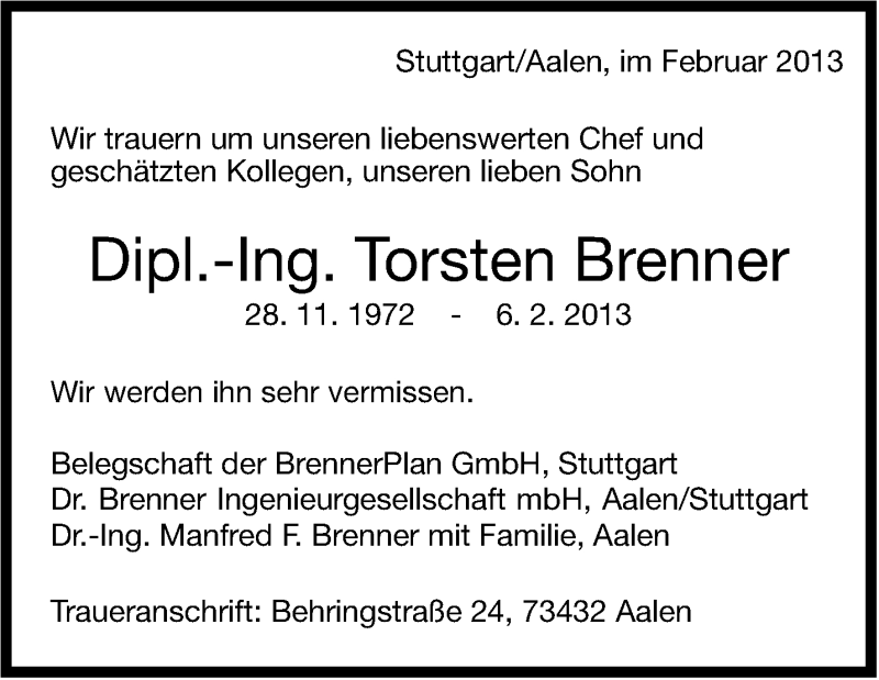  Traueranzeige für Torsten Brenner vom 25.02.2013 aus Stuttgarter Zeitung / Stuttgarter Nachrichten