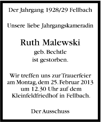 Traueranzeige von Ruth Malewski von Stuttgarter Zeitung / Stuttgarter Nachrichten