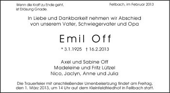 Traueranzeige von Emil Off von Stuttgarter Zeitung / Stuttgarter Nachrichten