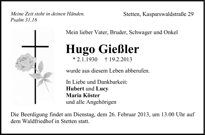  Traueranzeige für Hugo Gießler vom 23.02.2013 aus Stuttgarter Zeitung / Stuttgarter Nachrichten