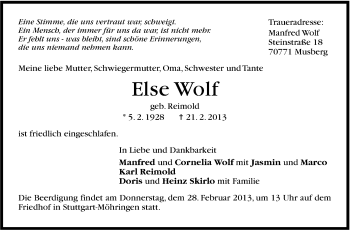 Traueranzeige von Else Wolf von Stuttgarter Zeitung / Stuttgarter Nachrichten