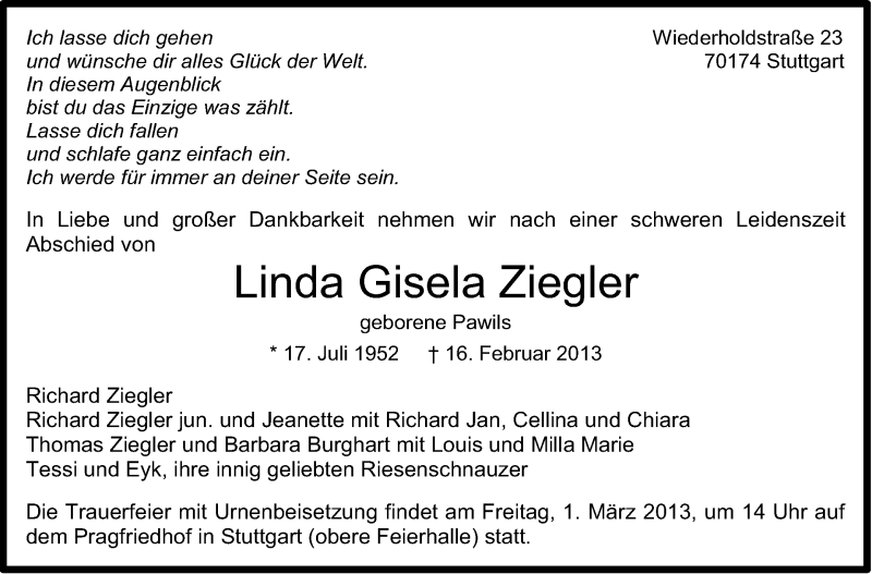  Traueranzeige für Linda Gisela Ziegler vom 23.02.2013 aus Stuttgarter Zeitung / Stuttgarter Nachrichten