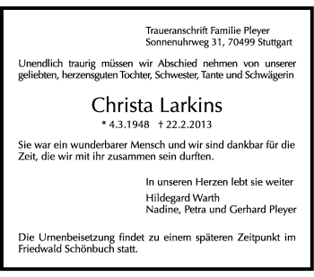 Traueranzeige von Christa Larkins von Stuttgarter Zeitung / Stuttgarter Nachrichten
