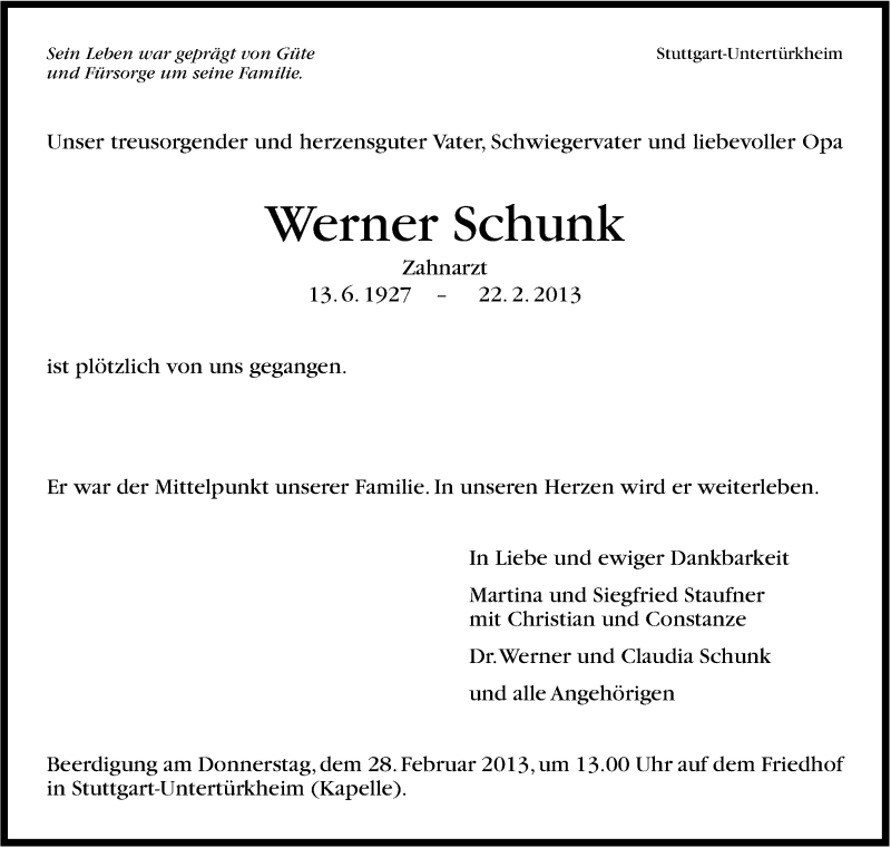  Traueranzeige für Werner Schunk vom 23.02.2013 aus Stuttgarter Zeitung / Stuttgarter Nachrichten