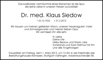 Traueranzeige von Klaus Siedow von Stuttgarter Zeitung / Stuttgarter Nachrichten