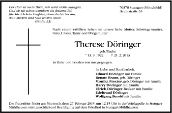 Traueranzeige von Therese Döringer von Stuttgarter Zeitung / Stuttgarter Nachrichten
