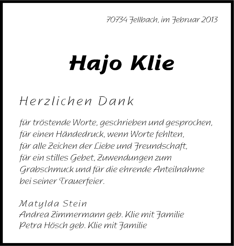  Traueranzeige für Hajo Klie vom 25.02.2013 aus Stuttgarter Zeitung / Stuttgarter Nachrichten