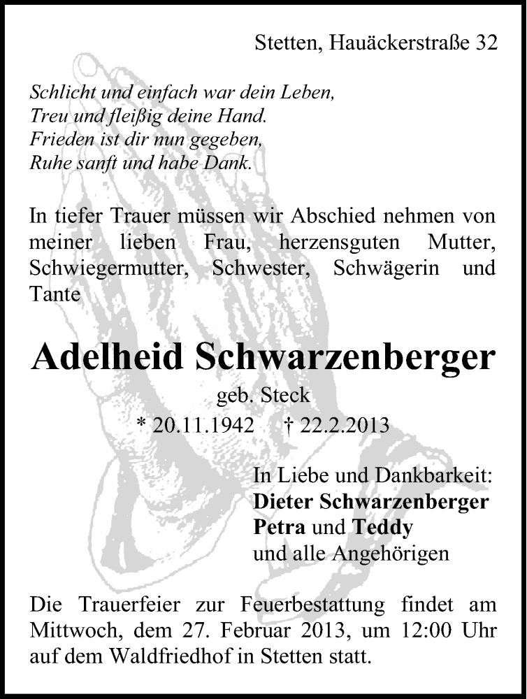  Traueranzeige für Adelheid Schwarzenberger vom 25.02.2013 aus Stuttgarter Zeitung / Stuttgarter Nachrichten