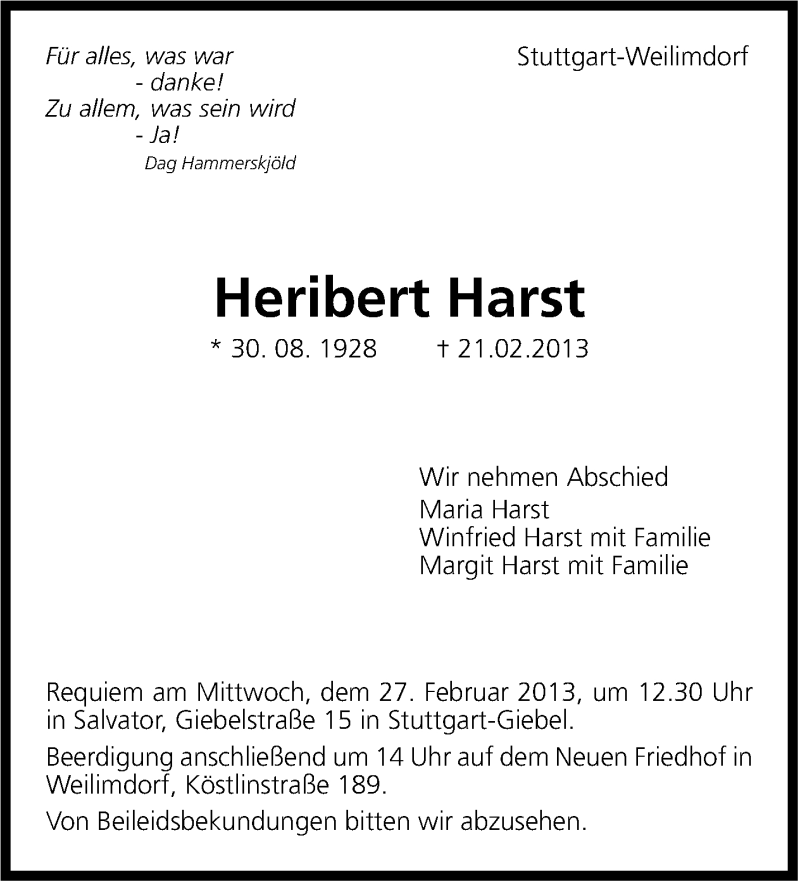  Traueranzeige für Heribert Harst vom 25.02.2013 aus Stuttgarter Zeitung / Stuttgarter Nachrichten