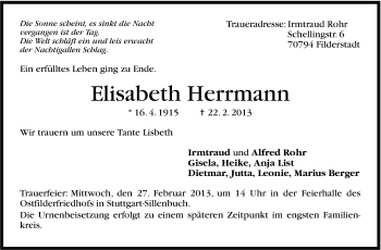 Traueranzeige von Elisabeth Herrmann von Stuttgarter Zeitung / Stuttgarter Nachrichten