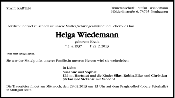 Traueranzeige von Helga Wiedemann von Stuttgarter Zeitung / Stuttgarter Nachrichten