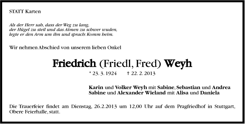 Traueranzeige für Friedrich Weyh vom 25.02.2013 aus Stuttgarter Zeitung / Stuttgarter Nachrichten