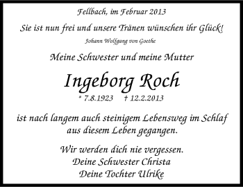 Traueranzeige von Ingeborg Roch von Stuttgarter Zeitung / Stuttgarter Nachrichten