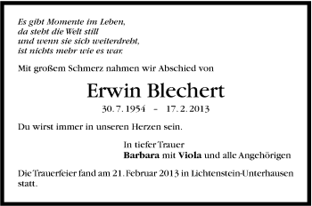 Traueranzeige von Erwin Blechert von Stuttgarter Zeitung / Stuttgarter Nachrichten