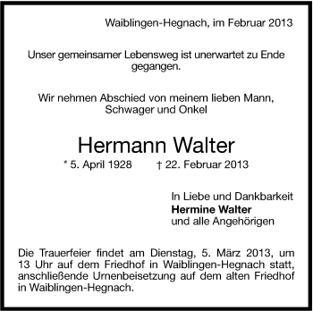 Traueranzeige von Hermann Walter von Stuttgarter Zeitung / Stuttgarter Nachrichten