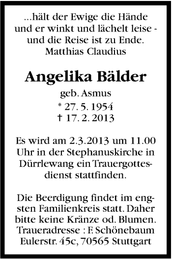 Traueranzeige von Angelika Bälder von Stuttgarter Zeitung / Stuttgarter Nachrichten