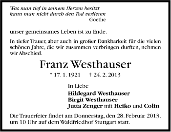 Traueranzeige von Franz Westhauser von Stuttgarter Zeitung / Stuttgarter Nachrichten