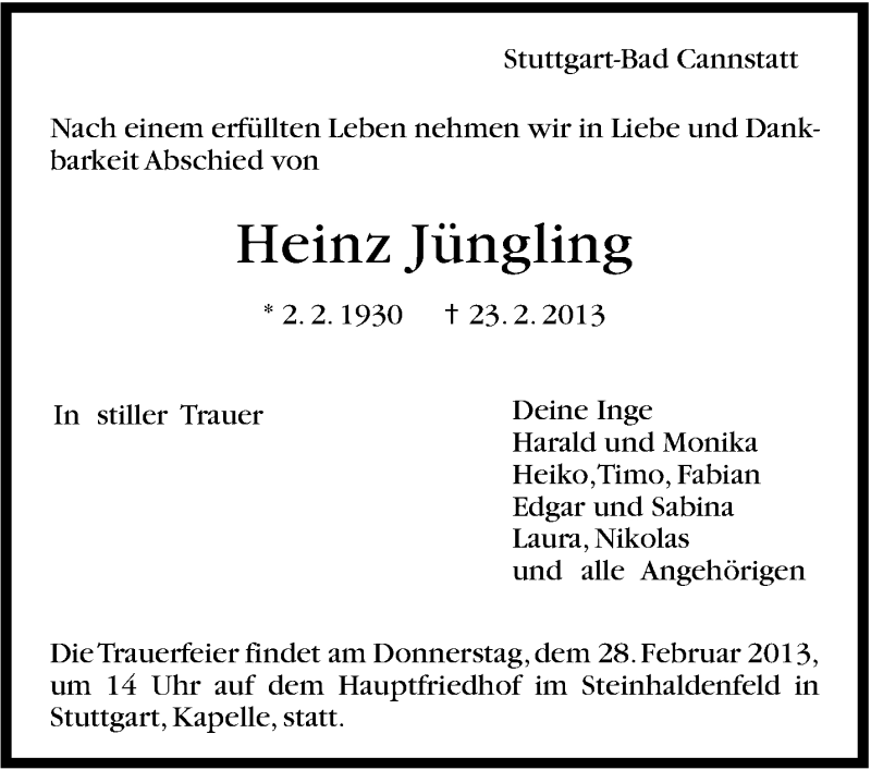  Traueranzeige für Heinz Jüngling vom 26.02.2013 aus Stuttgarter Zeitung / Stuttgarter Nachrichten