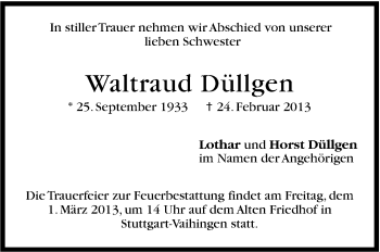 Traueranzeige von Waltraud Düllgen von Stuttgarter Zeitung / Stuttgarter Nachrichten