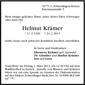 Traueranzeige von Helmut Krämer von Stuttgarter Zeitung / Stuttgarter Nachrichten