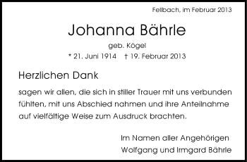 Traueranzeige von Johanna Bährle von Stuttgarter Zeitung / Stuttgarter Nachrichten